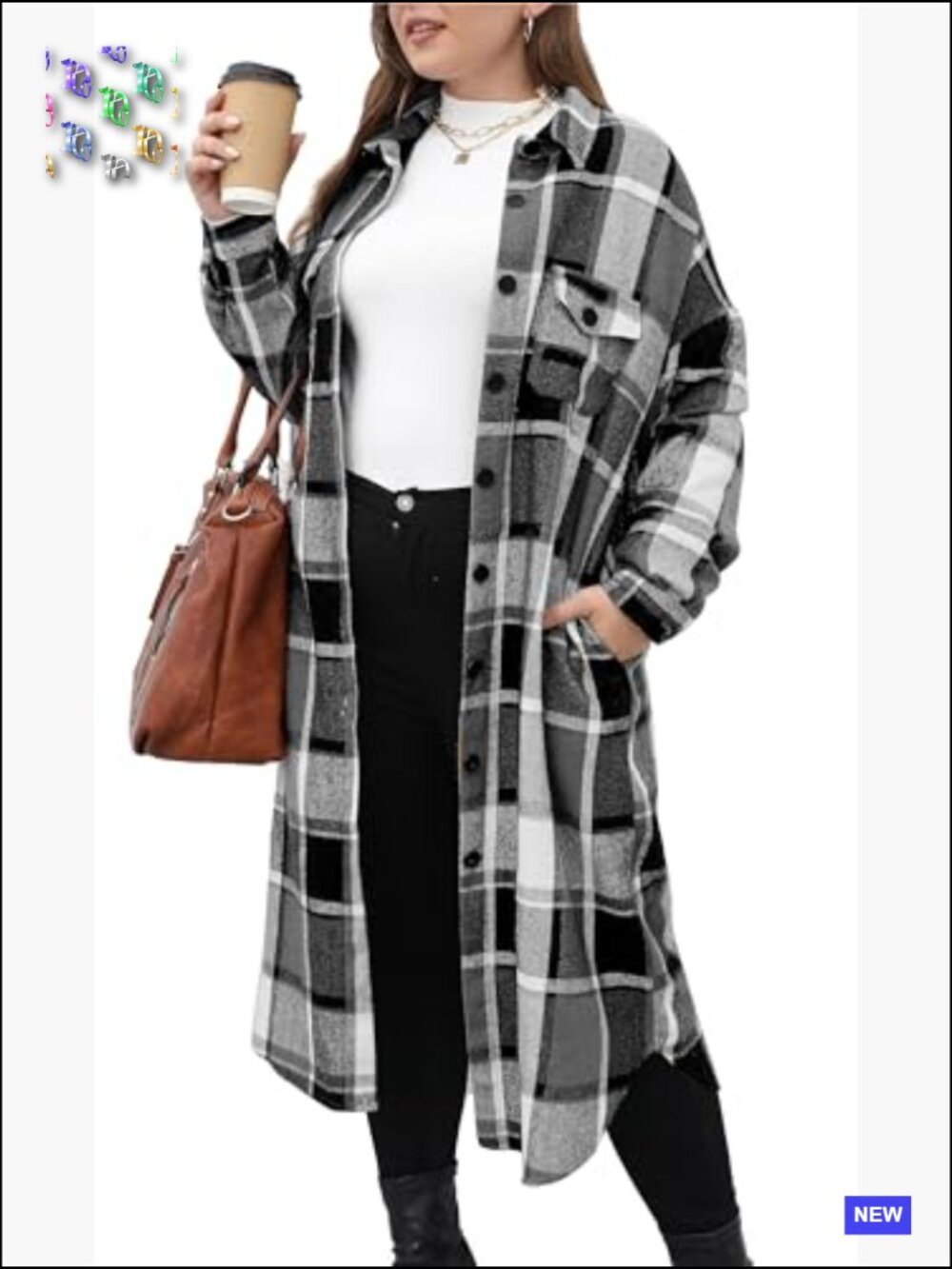 Plus Size Plaid Flannel Shacket Long Shirts Jacket Oversized Coat Fall Outfits - Picture 2 of 7